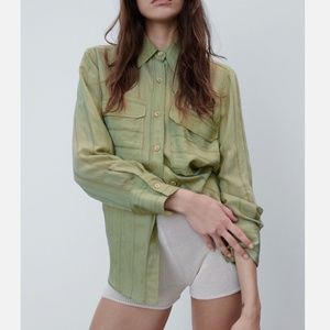 Zara light green shiny khaki striped long sleeve blouse NWT